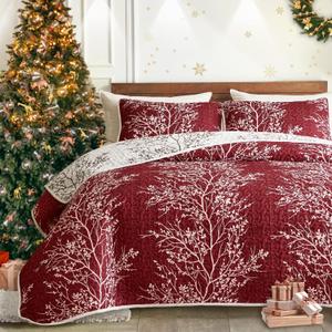 UOZZI BEDDING 3 Pieces Quilt Set Burgundy Red Branch King Size 102x88 Soft Microfiber Lightweight Coverlet Christmas Bedspread Summer Comforter Set Bed Cover for All Season (1 Quilt+ 2 Shams)