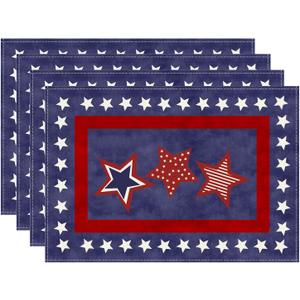 XCHI Blue Patriotic Red White Stars America 4th of July Memorial Day Independence Day Placemats Set of 4 Table Mats Decorations 12x18 Inch