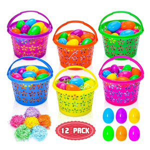 12 Pieces Easter Baskets with Handle for kids  Plastic Easter Egg Hunts Bucket with 36Pcs Empty Eggs and 60g 6 colors Grass for Pascua Party Favor Garden Basket Filler Stuffer Decorations