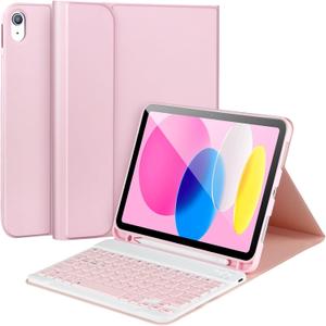 for iPad 11/10th Generation Case with Keyboard,Detachable Bluetooth Keyboard case for iPad A16 2025 11 inch/10th Gen 2022 10.9’’ with Pencil Holder, Square Keycaps,Pink
