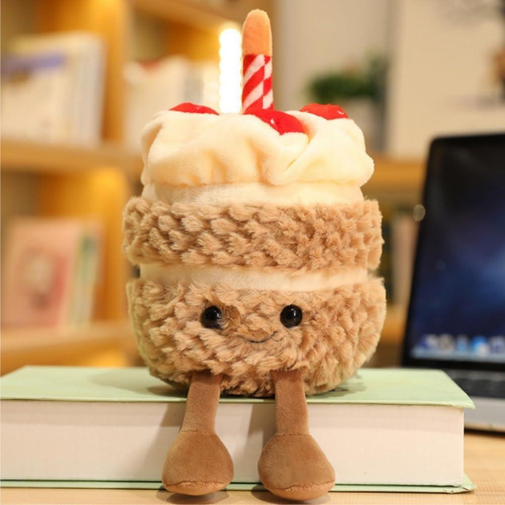 OUKEYI 28cm/11 Birthday Cake Plush Toy Cute Smile Cake Pillow Stuffed Animals Funny Soft Food Plushies Toy for Gifts for Kids Birthday (Khaki Color)