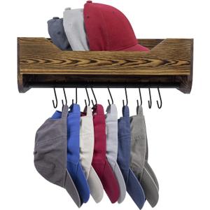 MyGift Baseball Cap Storage Holder Organizer Wall Mount, Hat Rack Shelf, Floating Shelf with 10 S-Hook Hanger, Entryway Shelf Tray, Urban Industrial Burnt Solid Wood and Black Metal