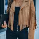 CHARTOU Casual Faux Leather Jacket Women Motorcycle Jacket Fringe Cropped Jacket Utility Tassel Suede Moto Jacket (XX-Large, Camel)