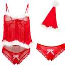 Christmas Lingerie for Women Santa Teddy Lingerie 3 Piece Bra and Panty with Garter Belt Set Suede Velvet Babydoll (One Size, Style 4-red)