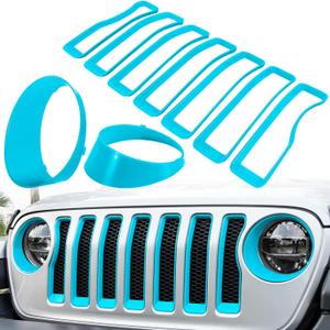Front Grille Mesh Inserts & Headlight Cover for Jeep Wrangler JL JLU Unlimited Sport/Sports 2018-2023 Exterior Accessories Clip-in Grille Guard Cover Headlight Bezels Trim Ring (Light Blue 9PCS)