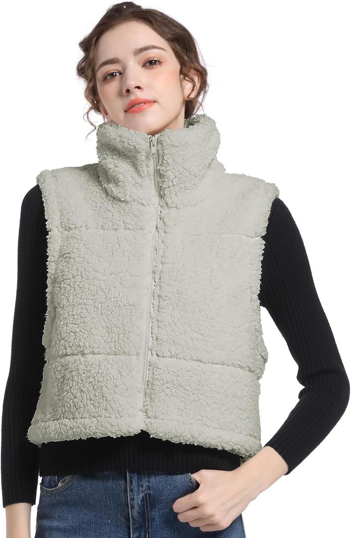 V VOCNI Womens Sherpa Fleece Vest Fuzzy Crop Vest Casual Sleeveless Jacket Zipper Waistcoat Outwear (Gray, L)