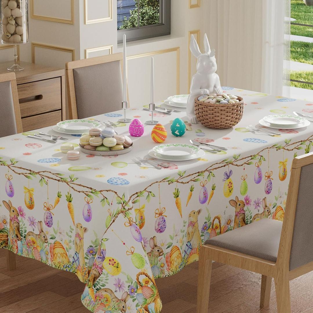 XCHI Bunny Eggs Carrots Flowers Rabbits Easter Tablecloth Rectangle Table Cloth Washable Table Covers for Indoor Dining Home Party Decorations 60x84 Inch