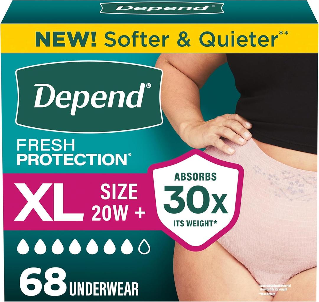 Depend Fresh Protection Adult Diapers, Incontinence Underwear for Women, Disposable, Maximum, XL, Blush, 68 Count (2 Packs of 34)