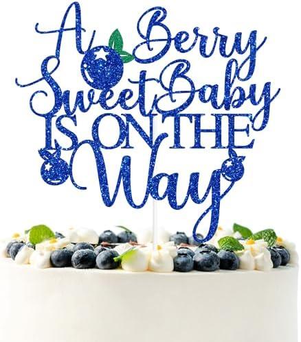 Blue Glitter A Berry Sweet Baby is on the Way Cake Topper, Blueberry Oh Baby/Berry Sweet Girl, Blueberry Themed Baby Shower Party Decorations Supplies