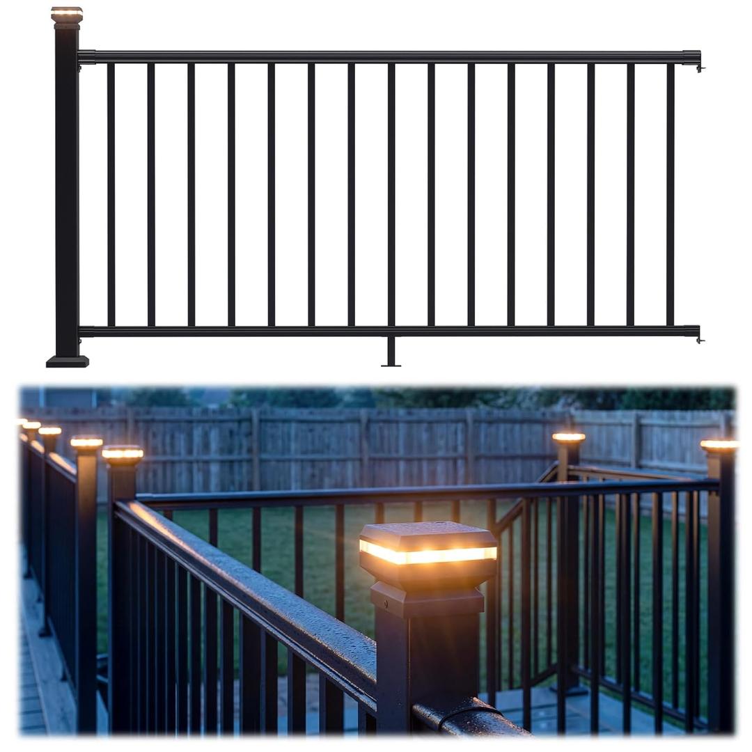 Egadis 36 in. H x 6 ft. W Porch and Deck Railing Kit with Light, Black Textured AAMA 2604 Powder-Coat Finish Modular Aluminum Railing Kit for Outdoor Decks, Porches & Balconies (1 Post, 1 Panel)