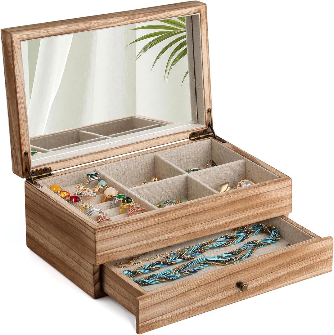 Meangood Jewelry Box Organizer for Women, 2 Layer Large Jewelry Storage Case, Rustic Wooden Jewelry Box with Mirror & Ring Tray for Necklace Earring Bracelets Rings, Vintage Style (Torched Wood)