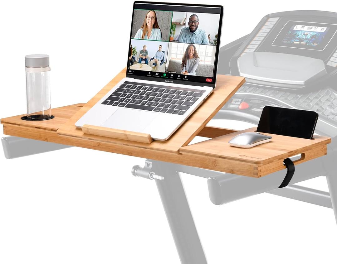 JOSHMAR Treadmill Desk Attachment  Premium Walking Desk Connected with Riser, Cup and Phone Holder. Adjustable Ergonomic Bamboo Treadmill Laptop Holder for Home or Office Workstations.