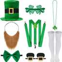 8 Pcs St Patrick's Day Costume Set with Hat Beard Suspender Necklace Glasses Bow Tie Socks Shoe Buckles for Men Adult Party Suit Outfit (Green)