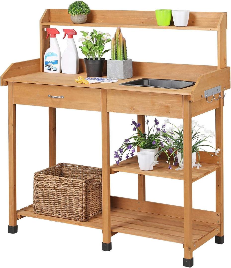 Yaheetech Potting Bench Outdoor Garden Work Bench Station Planting Solid Wood Construction for Horticulture w/Sink Drawer Rack Shelves Natural Wood (115L  45W  121H")