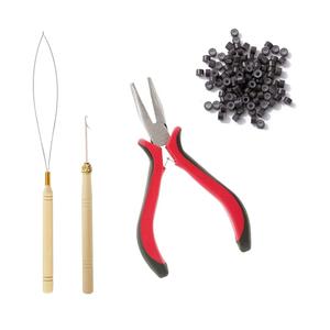 Hair Extension Tool Kit, Bead Device Tool, Silicone Lined Links Beads, Curved Hair Plier, for Tinsel and Feather Hair Extensions or Removal Dark brown