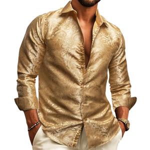Barry.Wang Mens 70s Disco Dress Shirts Paisley Long Sleeve Designer Outfit Floral Top for Dance Party Casua (X-Large, Gold Jacquard)