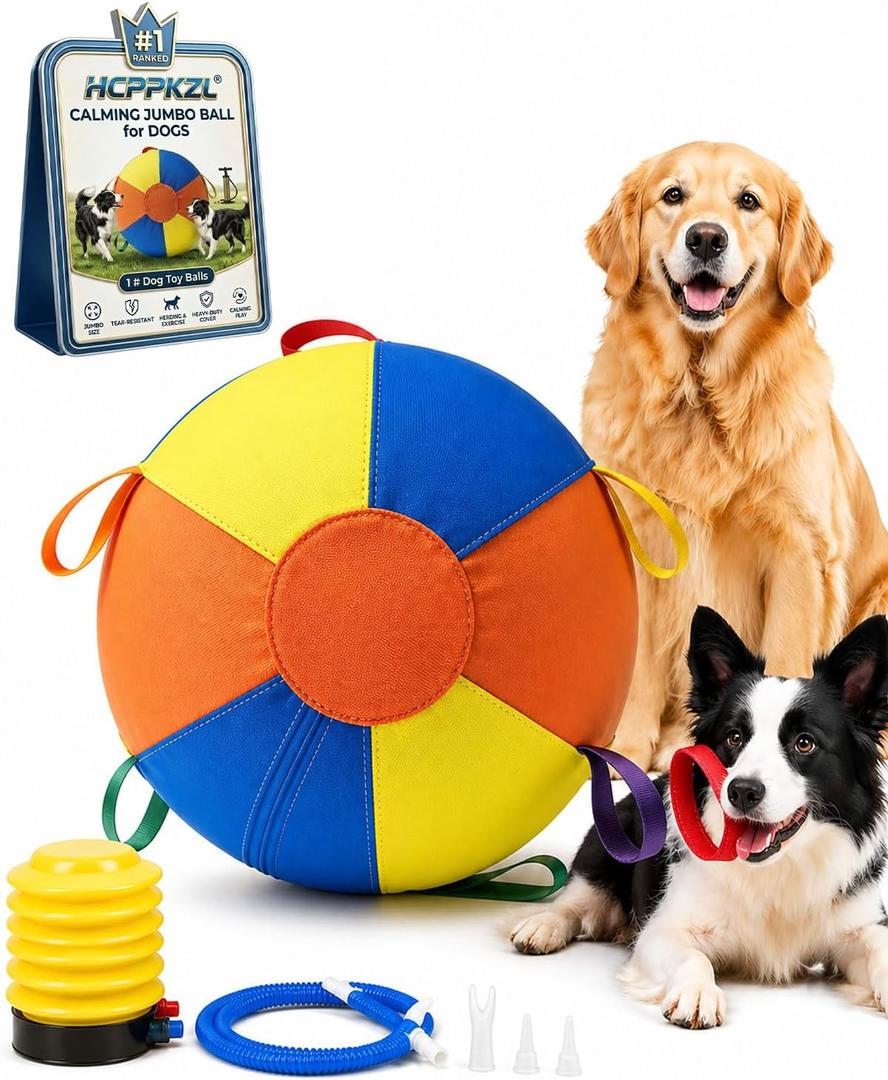 10/18/22" Calming Jumbo Ball for Dogs Durable Tear-Resistant Inflatable Big Ball Tough Herding for Play Exercise Toy with Heavy-Duty Handle Cover & Pump Fun Doggy Herding Dog Giant Tennis(A,22in)