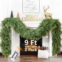 Cedar Christmas Garland for Mantle - 2 Pack Decorations with Lights 9 ft Realistic Lighted Faux Pine Garlands for Xmas Indoor Outdoor Prelit Decoration 9ft Garland for Door Stairs Railing Fireplace