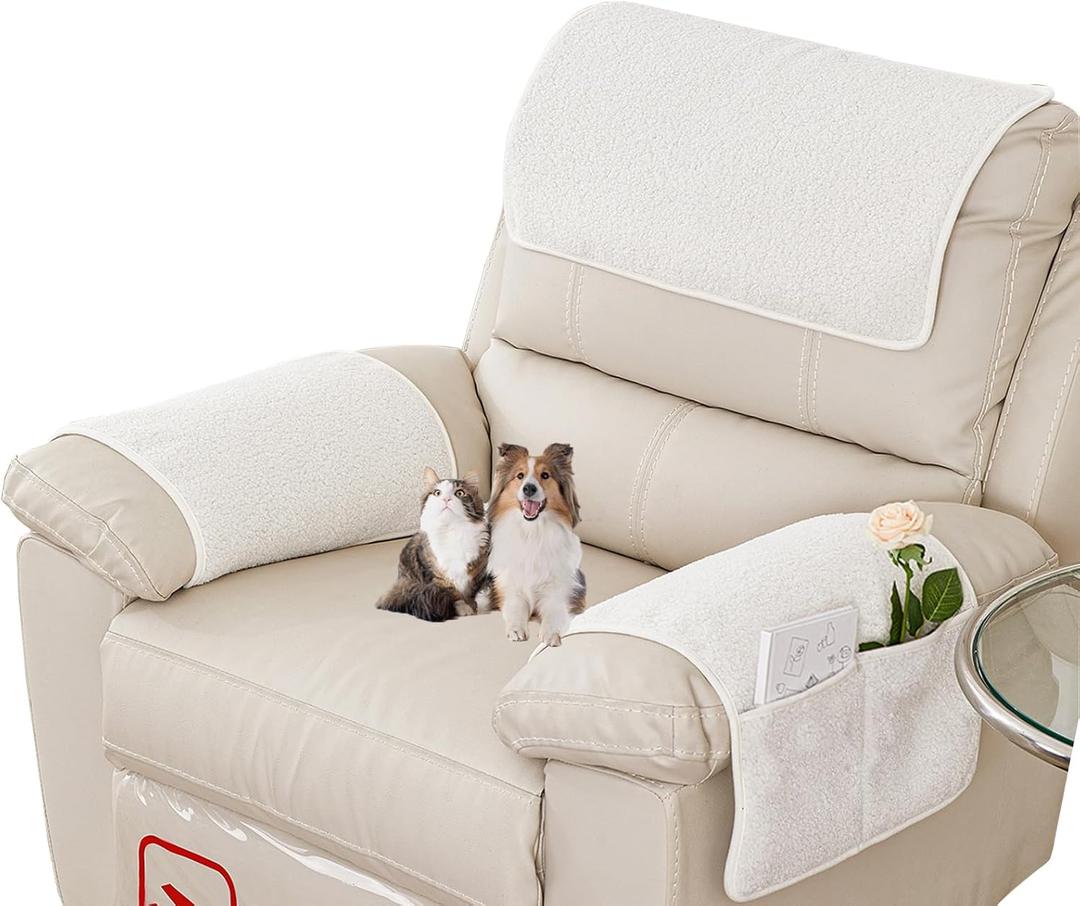 Armrest Covers - Arm Chair Covers Set of 3 Recliner Chair Covers, With pockets Stretch Arm Rest Cover Non-Slip Armchair Protector Cover for Tv Armchair Chair Sofa,Washable (Beige White 22.5x15 in)