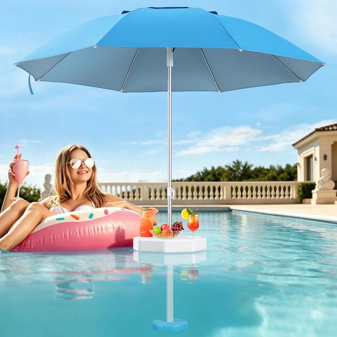 Floating Pool Umbrella with Weighted Base & Cup Holders,Adjustable In Pool Umbrella for Inside of Pool,Portable UV Sun Shade & Floating Table for Swimming Pool,Beach,Lake,Blue
