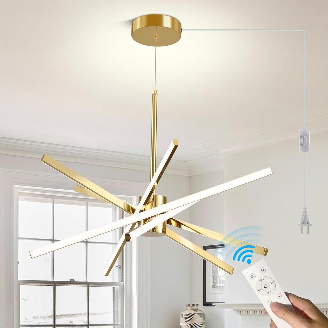 HOXIYA LED Plug in Chandelier, Dimmable Modern Sputnik Chandelier with Long Cord Gold, Plug in Pendant Light Fixture with Remote Flush Mount Over Dining Table for Living Room Bedroom Kitchen Gazebo