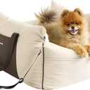 Lesure Small Dog Car Seat for Small Dogs - Waterproof Dog Booster Seat for Car with Storage Pockets, Clip-On Safety Leash and Thickened Memory Foam Filling, Pet Carseat Puppy Travel Carrier Bed, Beige