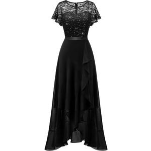 BeryLove Formal Dresses for Women 2026 Wedding Guest with Slit Cocktail Elegant Lace Long Prom Dress (Black, L)