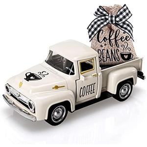 Huray Rayho Coffee Decor for Coffee Bar Metal Truck with Coffee Beans Burlap Sack Vintage Pickup Farmhouse Coffee Station Tabletop Tiered Tray Decor Mini Diecast Truck Decorations