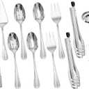 KINGSTONE 12 Piece Teardrop Serving Utensils Set, 18/10 Stainless Steel Serving Utensils, Slotted Spoons, Forks, Tongs, Cake Server, Butter Knife for Buffet, Catering, Wedding, Party (Silver)
