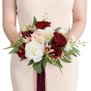 Rinlong 1Pc Fall Wedding Bouquets for Bridesmaids Burgundy Artificial Bridesmaid Bouquet for Wedding Prom (one, 16-burgundy & White)