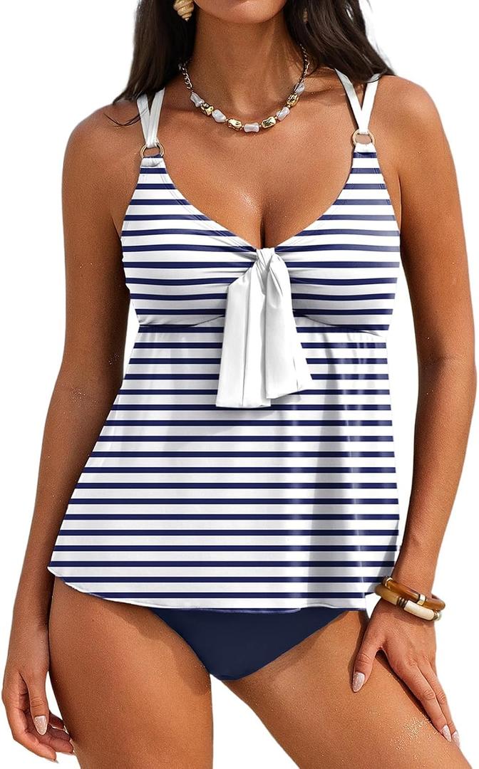 Aleumdr Women's Tankini Swimsuits Tummy Control Two Piece Bathing Suit V Neck Tie Front Flowy Swim Top with Bottom (Blue, XXXL)