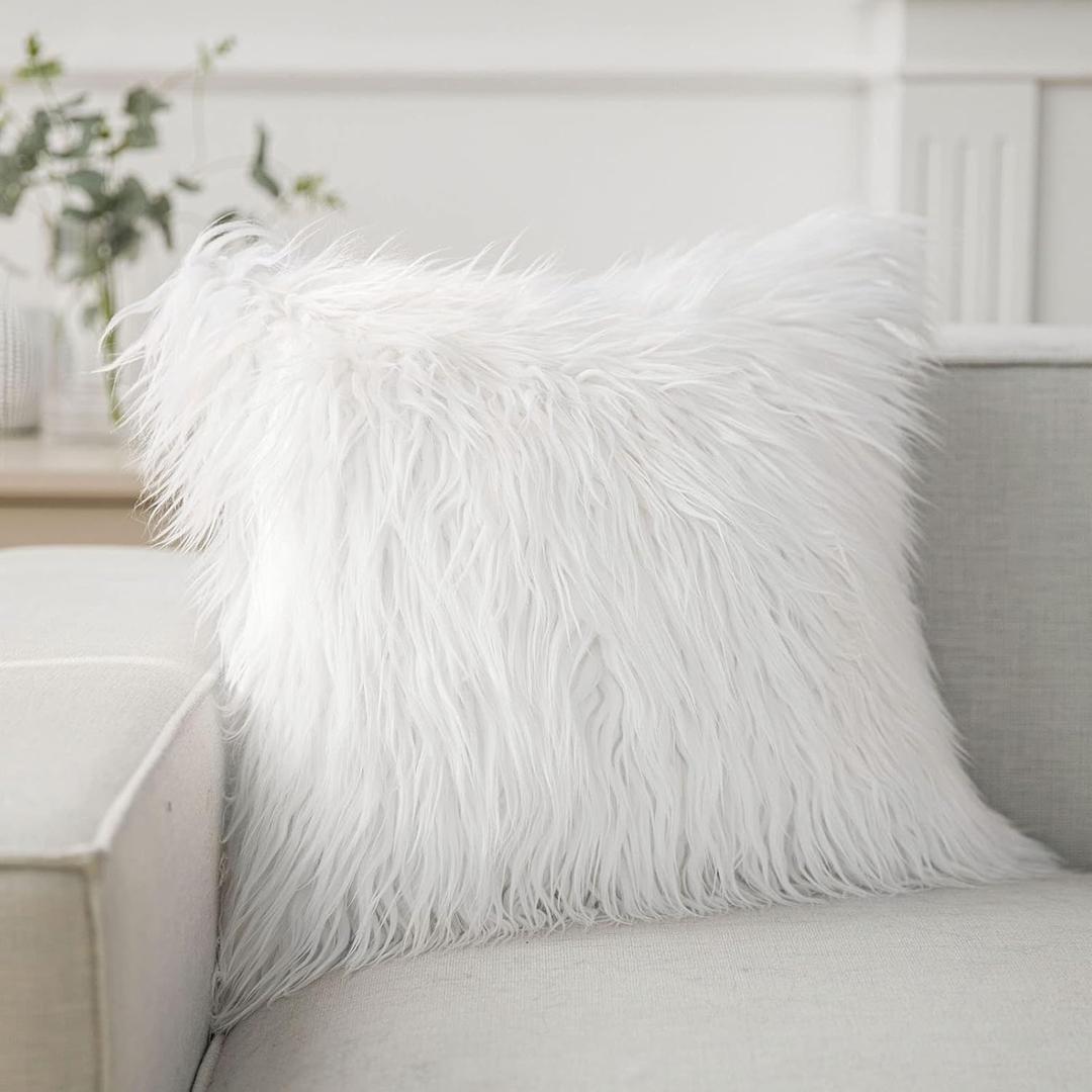 Phantoscope Faux Fur Solid Decorative Pillow Cover Fluffy Throw Pillow Mongolian Luxury Fuzzy Pillow Case Cushion Cover for Bedroom and Couch, Off-White 23 x 23 Inches, Pack of 2