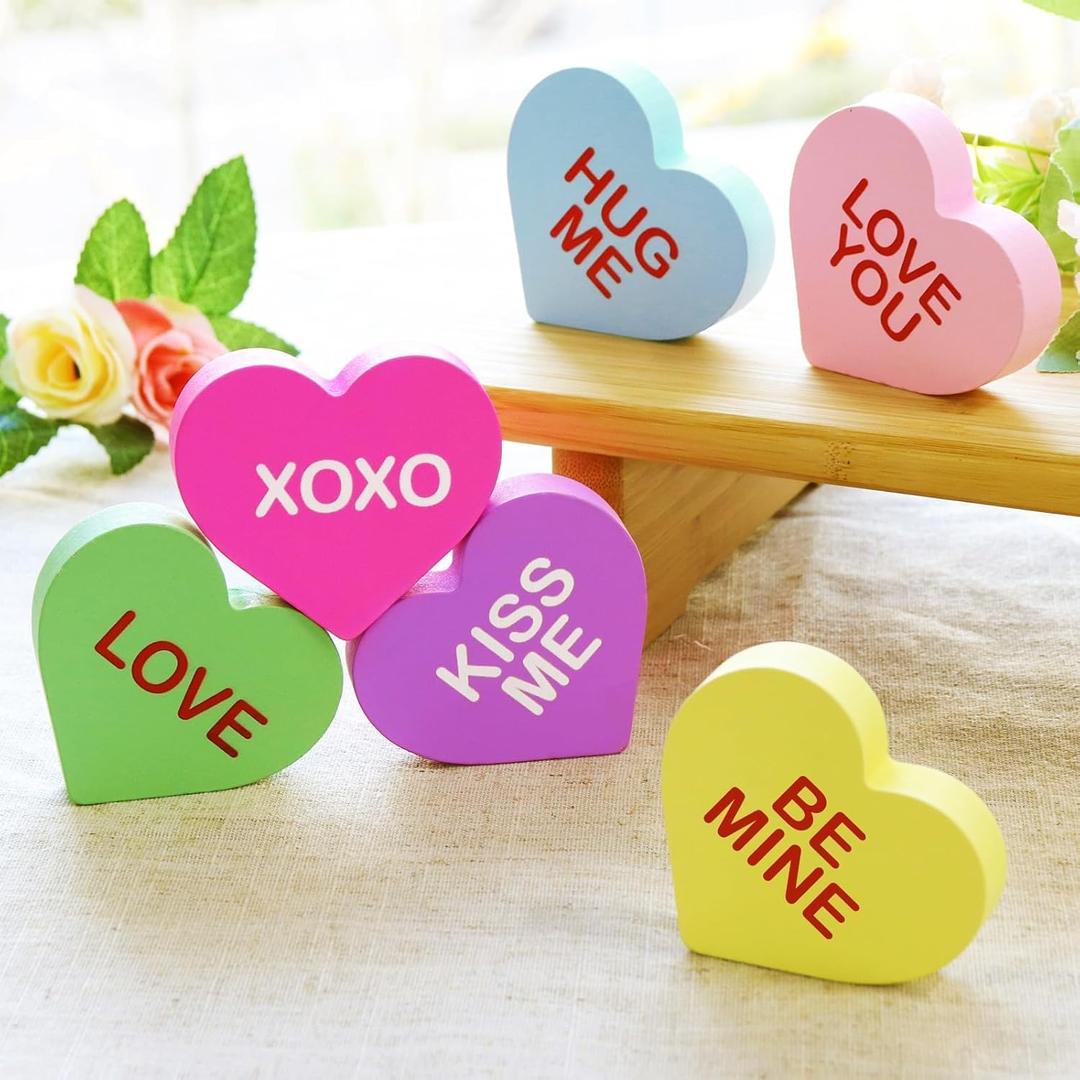 Valentines Day Decorations, 6 Pcs Candy Conversation Hearts Wooden Table Decor Signs, Durable Tiered Tray Decoration Set, Classic Galentines Day Decorations for the Home Office Mantel Shelf Gift
