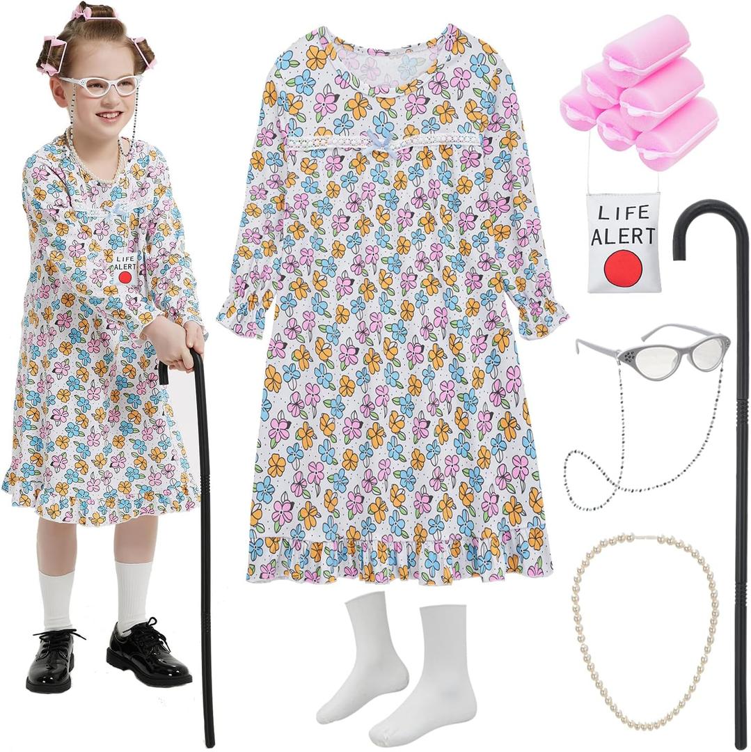 Old Lady Costume for Girls 100 Days of School Costume Grandma Granny Nightgown for Kids, Size 6 