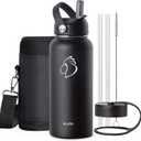 BUZIO Stainless Steel Water Bottle (Cold for 48 Hrs, Hot for 24 Hrs), 32 oz Vacuum Insulated Water Bottle with Straw Lid and Flex Cap (Double Wall, Wide Mouth, BPA Free, Leak Proof), Black