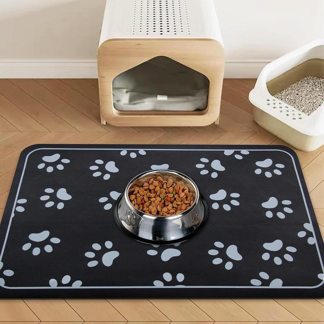 Pet Feeding mat Dog and cat Food Bowl mat Absorbent Non-Slip diatomite Dog Water Bowl mat Super Absorbent Quick Drying pet Food mat to Prevent Water SpillsBlack + 24.2x16.9in + Rectangular (Black &Paw print)