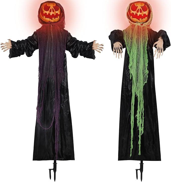 yosager 2Pack Halloween Decorations, 6 FT Lighted Standing Pumpkin Men, Ghost Jack-o-Lanterns with Stake, Battery Operated for Outdoor Haunted House Props Theme Park Party Decor