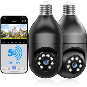 WESECUU Light Bulb Security Camera -5G& 2.4GHz Wi-Fi 2K Security Cameras Wireless Outdoor Motion Detection and Alarm, Two-Way Talk, Color Night Vision, Human Detection, Bulb Camera Compatible with Alexa (Black)