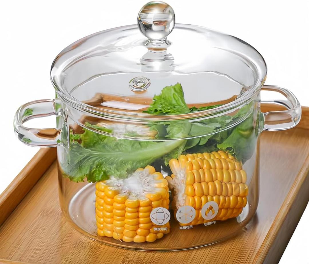 Glass Simmer Pot with Lid, Clear Glass Saucepan, Heat-Resistant Borosilicate Glass Stovetop Pot for Stove Potpourri, Saucepan Pot FIts for Cooking, Soup, Milk, Tea and Baby Food (1.35L/45OZ)