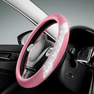 PIC AUTO Steering Wheel Cover, Pink Sparkly Crystal Bling Glitter with Leather, Universal Fit 14.5"15.5" Car Steering Wheels for Girls & Women, AntiSlip Wheels Cover for Cars, Trucks, Van, SUVs