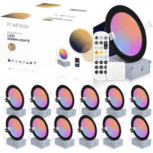 12 Pack Black Smart Recessed Lighting 6 Inch, Ultra-Thin 6 Inch LED Recessed Lights12W 1200LM Smart Downlight with Junction Box, Compatible with Alexa/Google Assistant and Siri - ETL and Energy Star