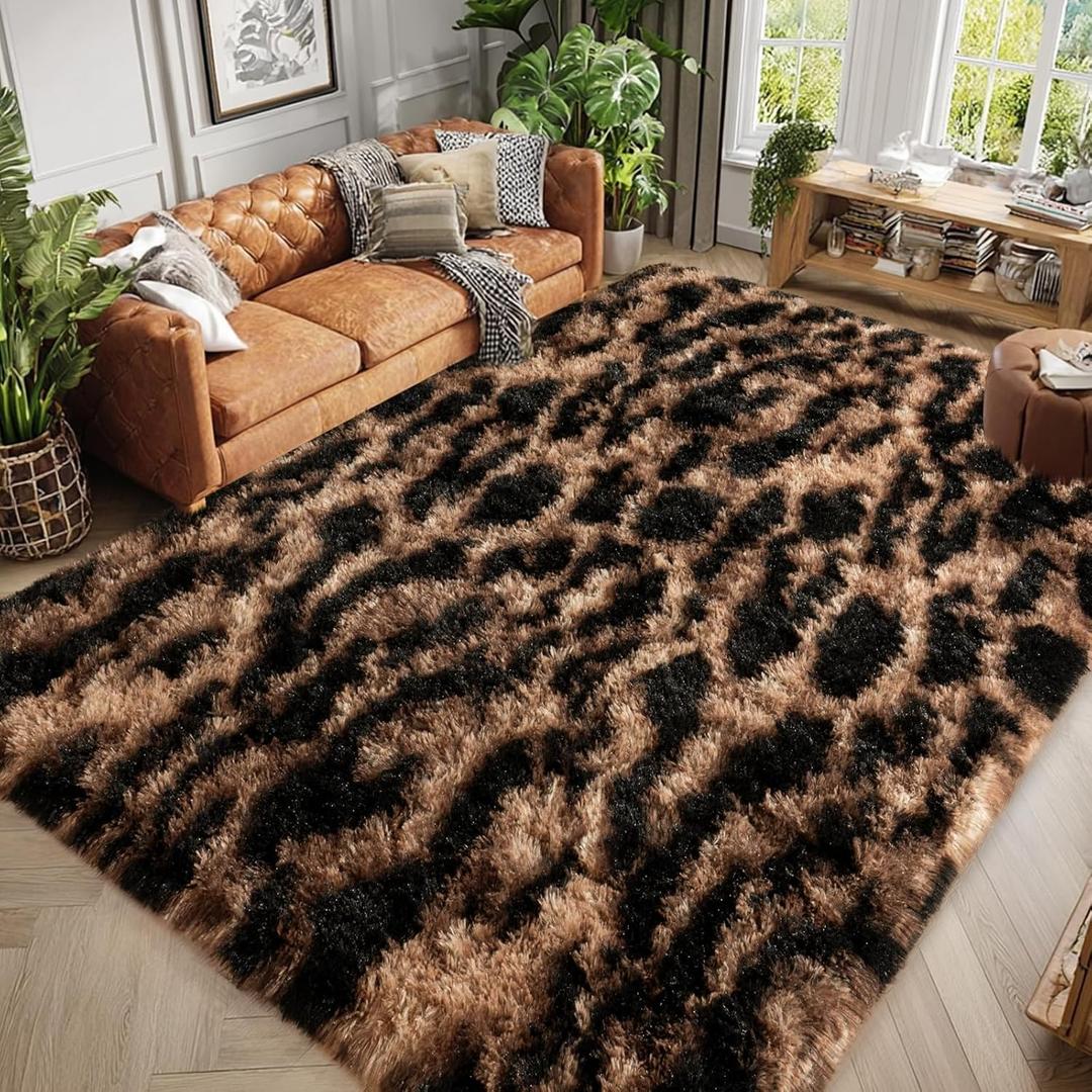 qulint Leopard Rug for Living Room, 5x7 Fluffy Carpet for Bedroom Nursery | Soft Shag Fuzzy Shaggy Carpets for Kids Boys and Girls Dorm Home Decor