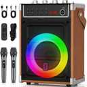 JYX Karaoke Machine with 2 UHF Wireless Microphones, Bluetooth Speaker with Bass/Treble Adjustment and LED Light, PA System Support TWS, AUX in, FM, REC, Supply for Party/Adults/Kids - Wood Grain (40 Watt-Wood)