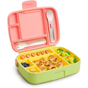Munchkin Lunch Bento Box for Kids and Toddlers, Includes Stainless Steel Utensils, BPA-Free, 18 Months and Up, Pink/Green/Yellow