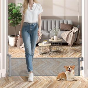 Short Dog Gate, 14" H Retractable Dog Gates, Mesh Retractable Step Over Pet Gates Puppy Gate, Extended up to 55" Wide for Stairs & Doorways Hallways - Drilling Required (Grey)