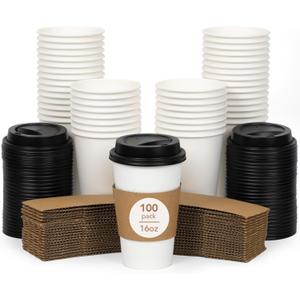 DAILYLIFE 16oz Disposable Coffee Cups with Black Lids & Sleeves-100 Pack, Bulk Thickened Paper for Hot Drinks, DIY Personalized, Durable Design for Home, Office, Travel and Stores