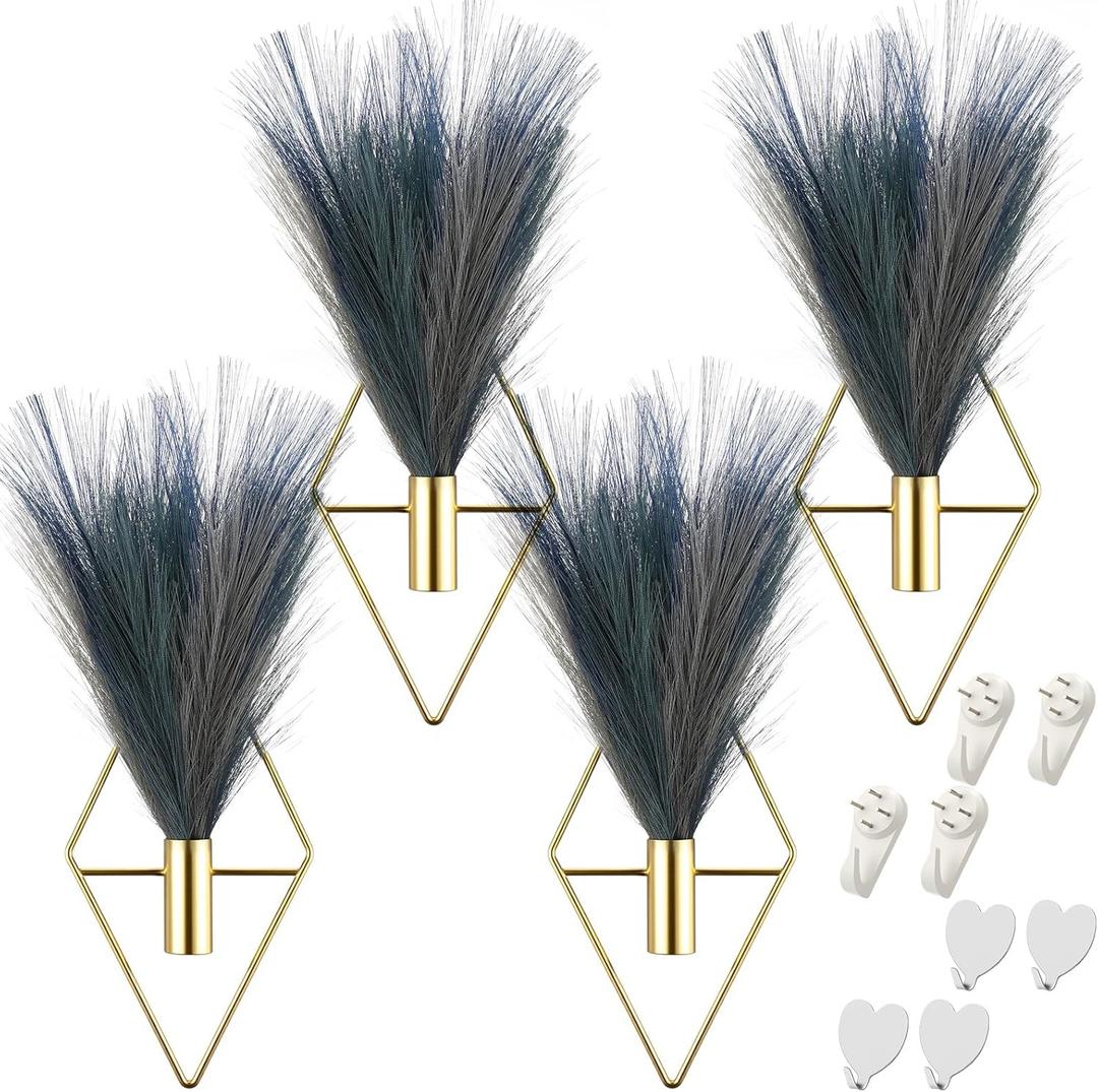 Hanaive 4 Sets Boho Wall Decor Metal Wall Art Hanging Planters with Artificial Pampas Display Modern Home Vase for Bedroom Home Office (Mazarine, Turquoise, Peacock Blue, Light Gray,Gradient Blue)