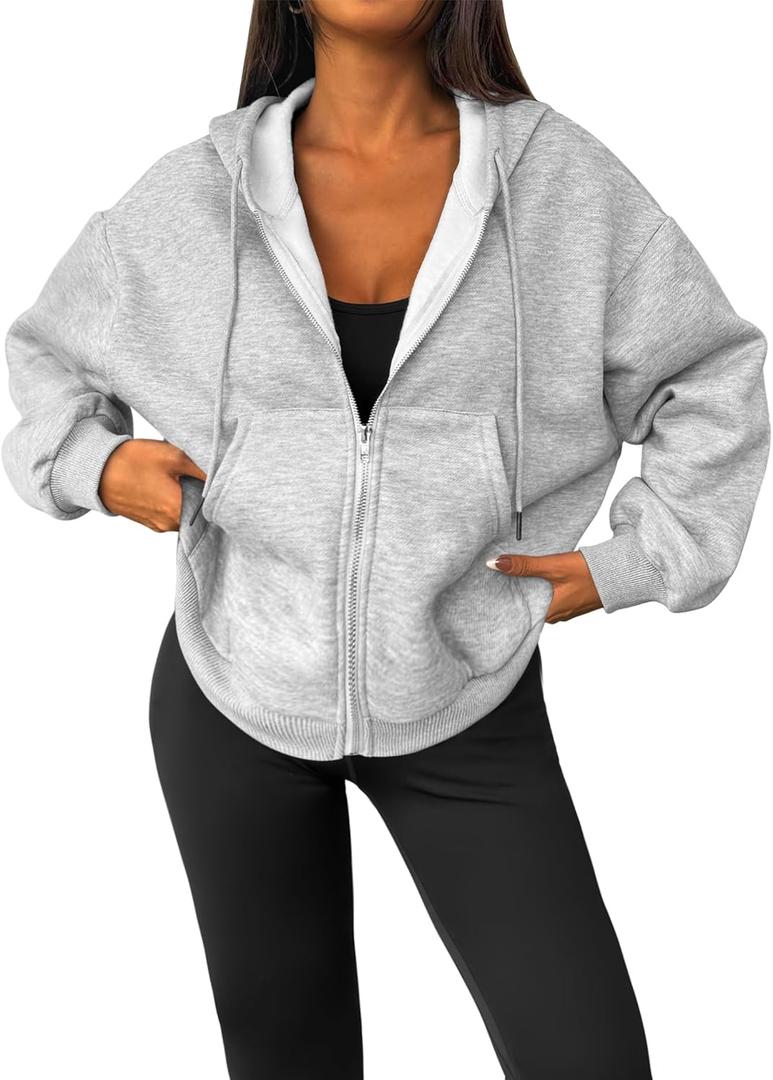 LilyCoco Womens Oversized Sweatshirt Zip Up Hoodie Long Sleeve Shirt with Pockets Grey Small (M)