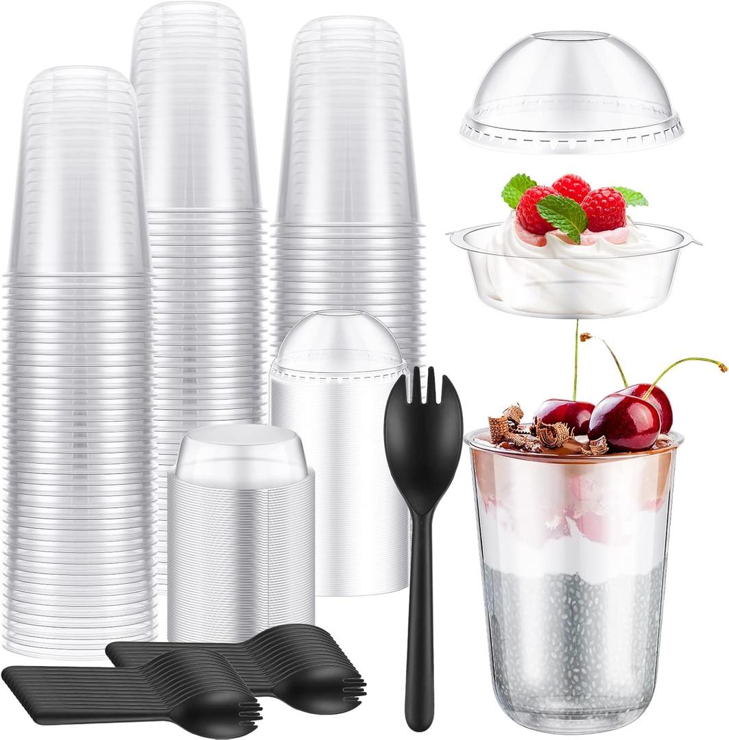 Gejoy 100 Set 16 oz Parfait Cups With Dome Lids - Plastic Yogurt Cups With No Hole Insert and Spork - Disposable Dessert Cups for Fruit, Ice Cream