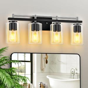 Bathroom Vanity Light for Mirror: 4-Light Modern Wall Sconce Lighting with Clear Glass Bath Vintage Wall Mounted Lamps for Bedroom,Living Room (Black and Silvery)